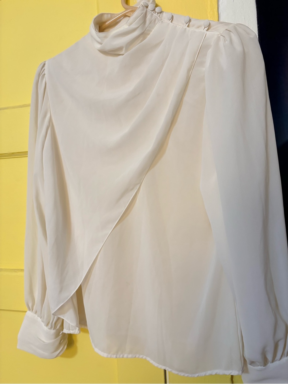Elegant vintage Cream High-Neck Draped Women's top blouse Shevon.
